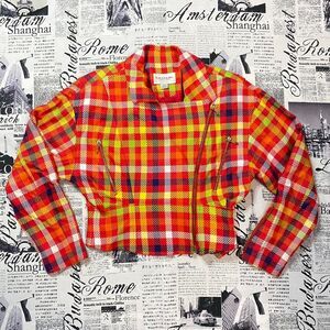 Emanuel Ungaro Womens Red yellow vintage 90s plaid moto jacket size 6/40 archive